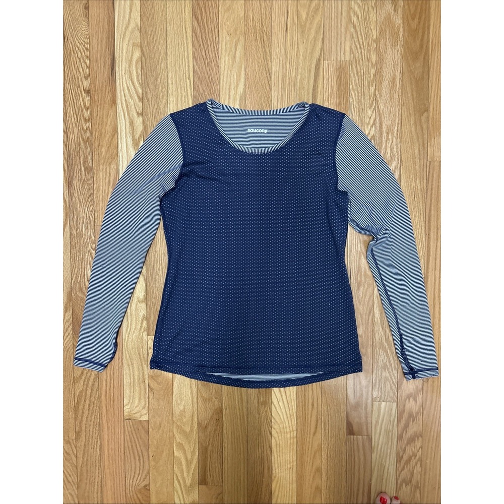 SAUCONY Womens Top Small Blue Pullover Crew Striped Polka Dot Thumbhole VERSA
